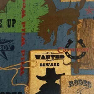 Western Rodeo Fabric Square Cotton Material 10in x 10in Blue Green Brown Raw